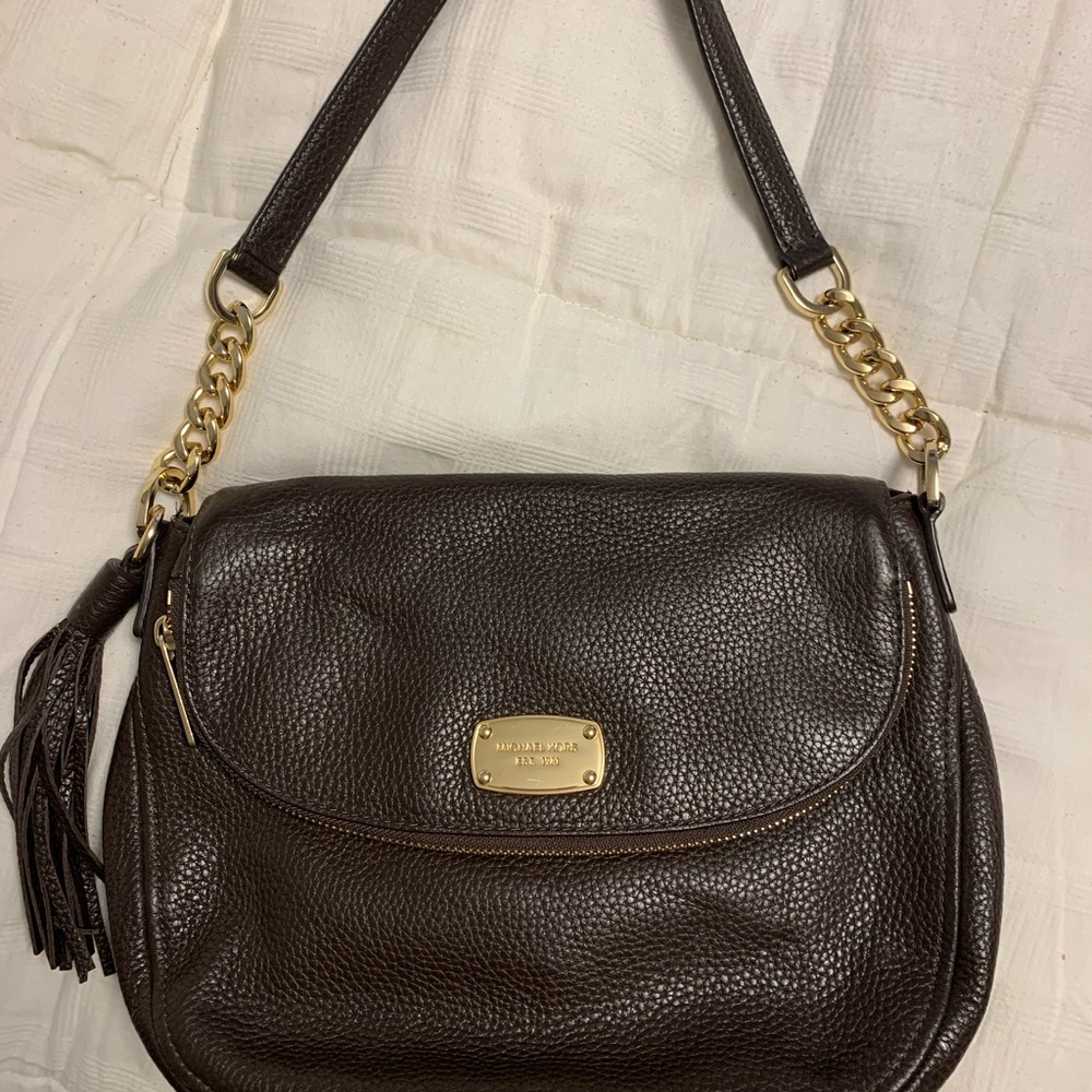 Michael Kors Dark Brown Leather Shoulder Bag with Gold Accents